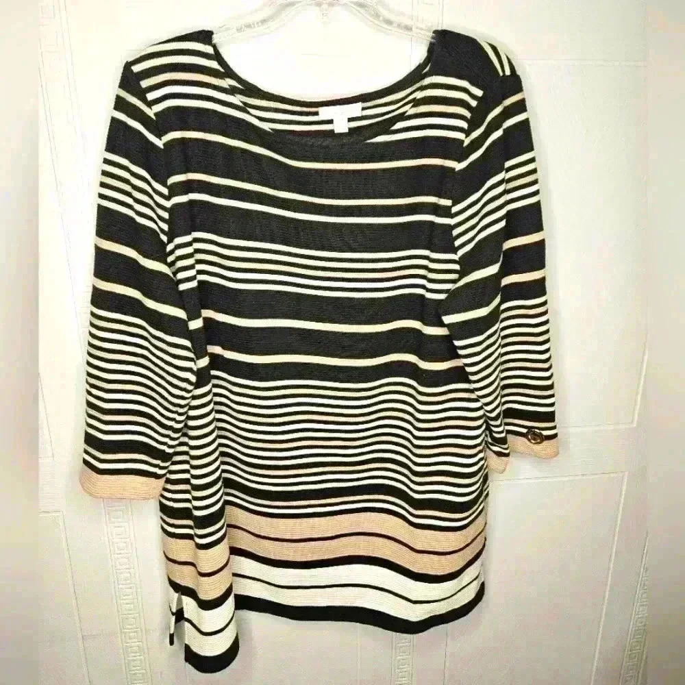Charter Club Black Cream Striped Ribbed 3/4 Sleeve Grommet Round Neck Tunic XXL
